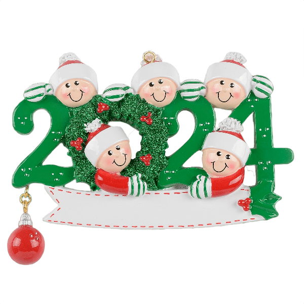 Festive family of five faces with Santa hats inside green wreath and red 2024 for Christmas ornaments collection