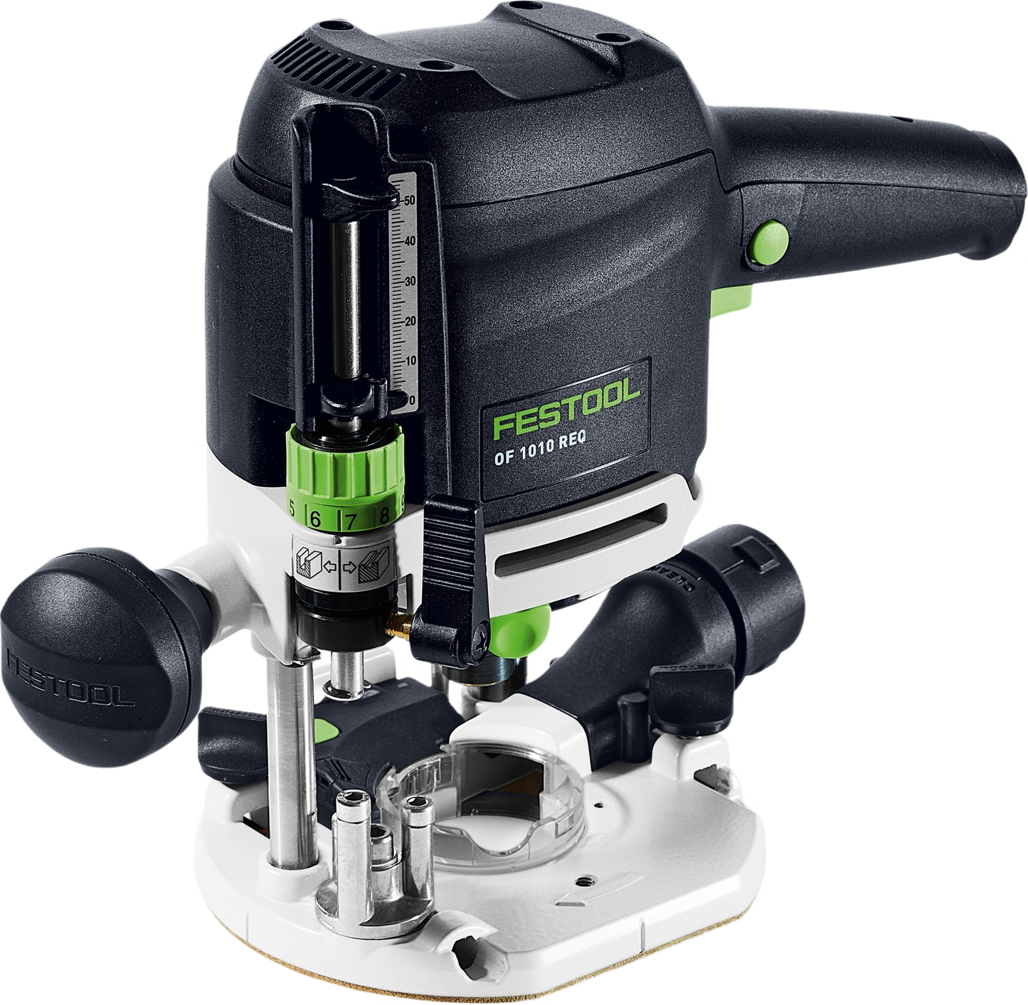 Compact black and white handheld router with green adjustment dial and ergonomic handle for precise woodworking tasks
