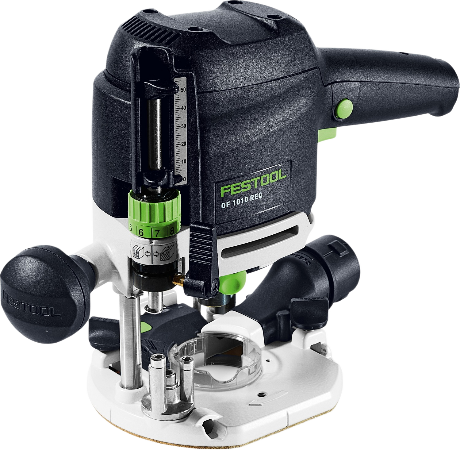 Compact black and white handheld router with green adjustment dial and ergonomic handle for precise woodworking tasks