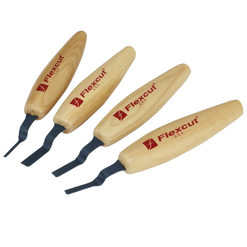 Set of four wooden-handled dogleg chisels with curved steel blades for detailed woodworking and carving tasks