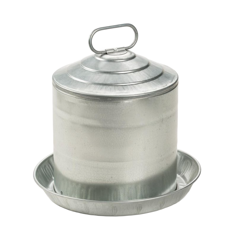 Galvanized metal poultry waterer with cone-shaped top and handle, for farm animal and livestock watering.