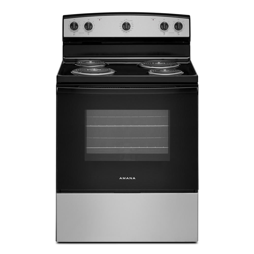Electric range with four coil burners, extra-large glass oven window, and stainless steel lower panel, featured in kitchen and appliance collections.