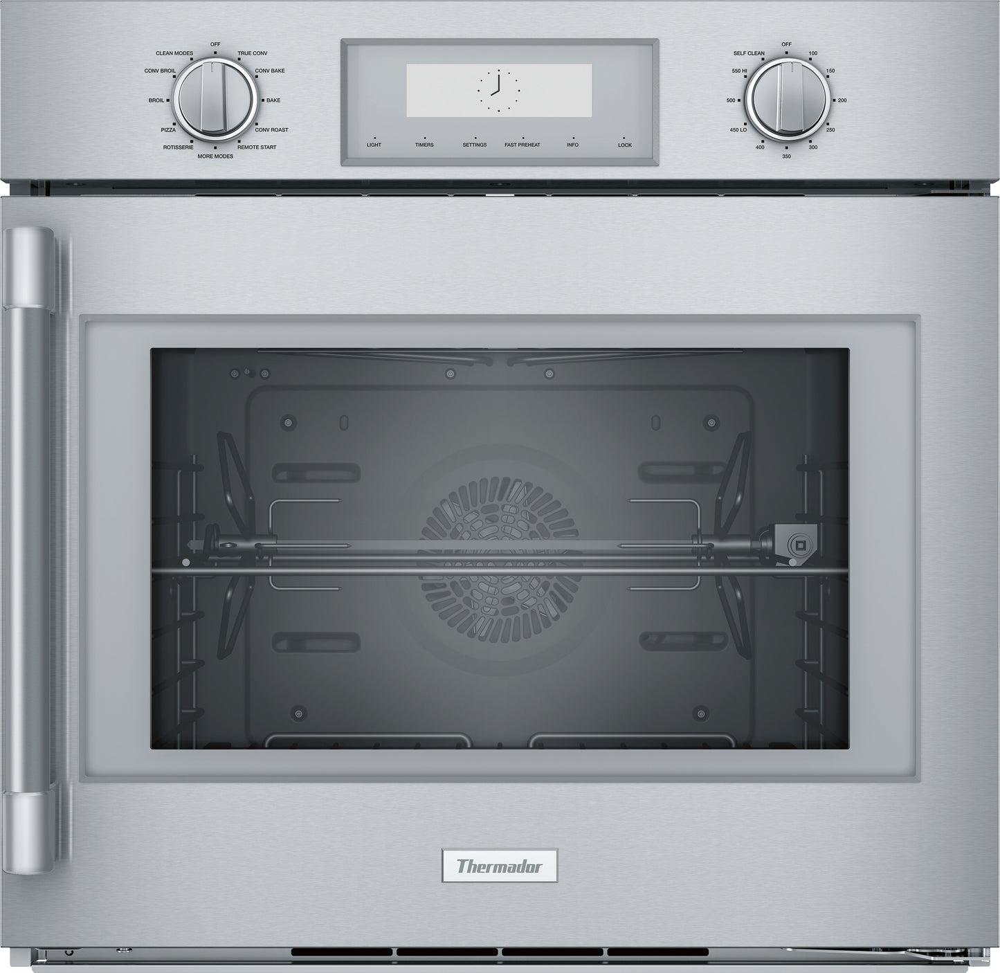 Stainless steel single wall oven with right hinge door, rotary knobs, digital display, and convection interior from Thermador collection