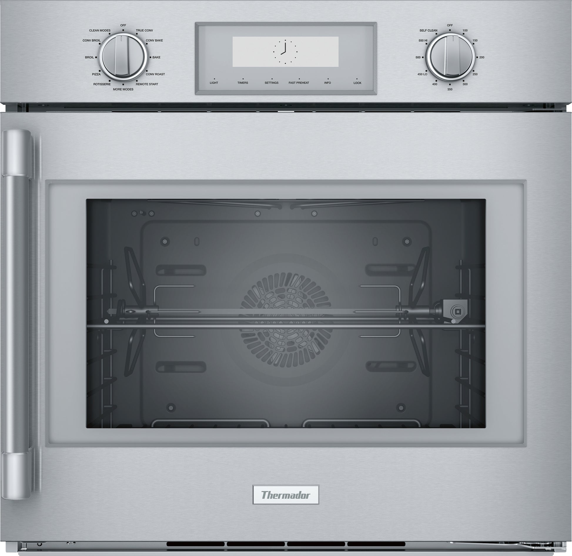 Stainless steel single wall oven with right hinge door, rotary knobs, digital display, and convection interior from Thermador collection