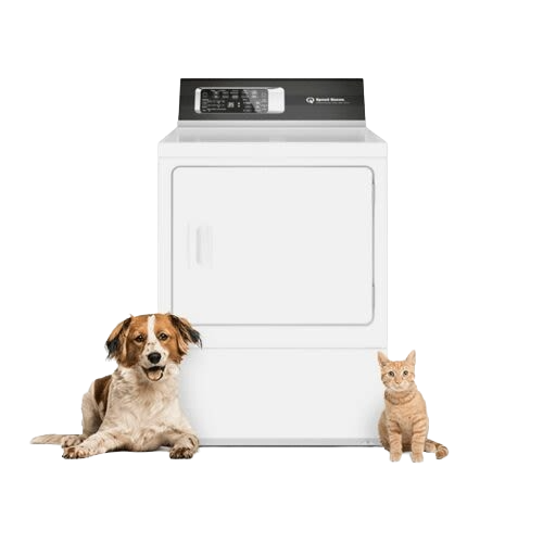 White front load gas dryer with digital control panel and pets sitting beside from Dryers and Appliances collection