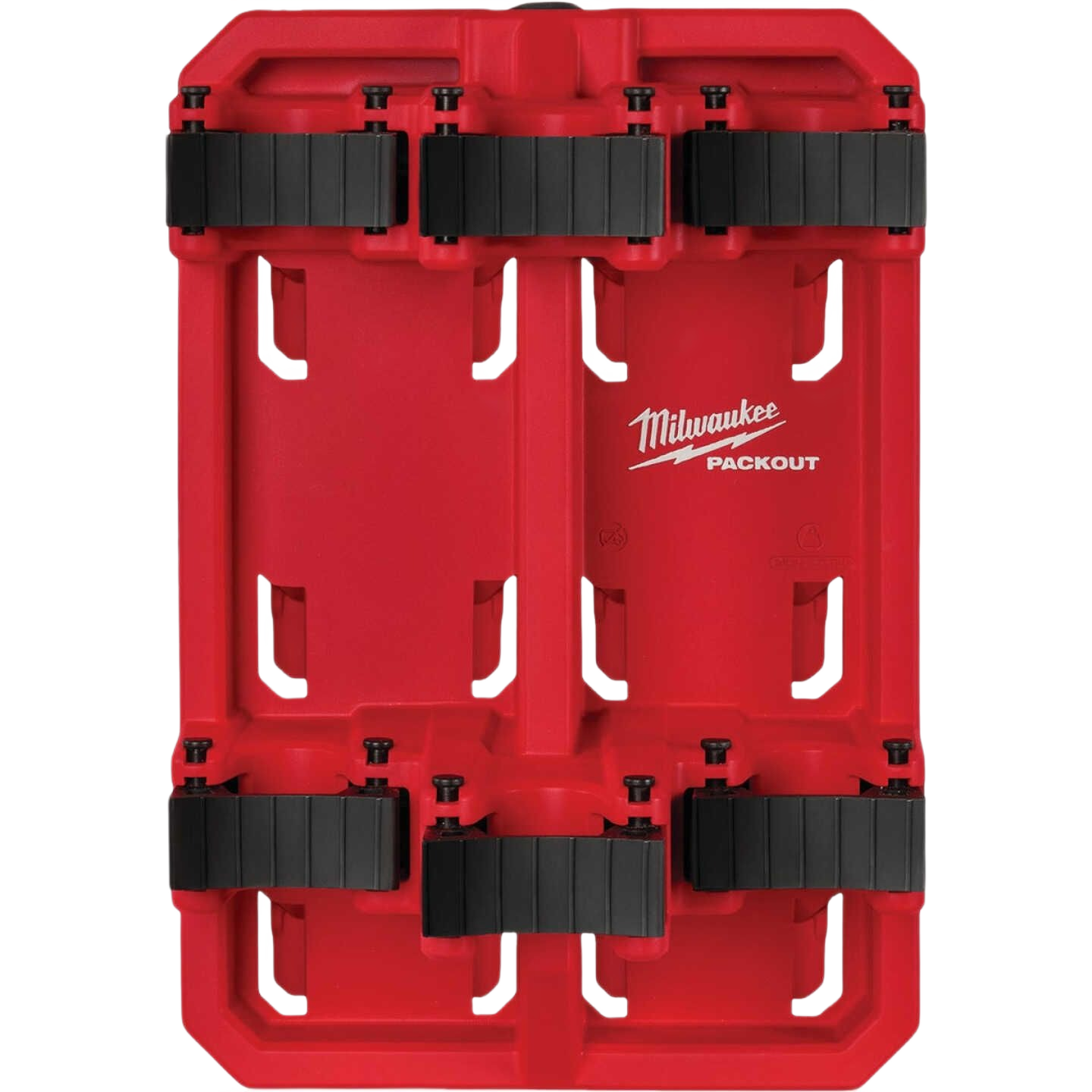 Red durable modular rack with black mounting hooks for tool storage in workshop and garage organization systems