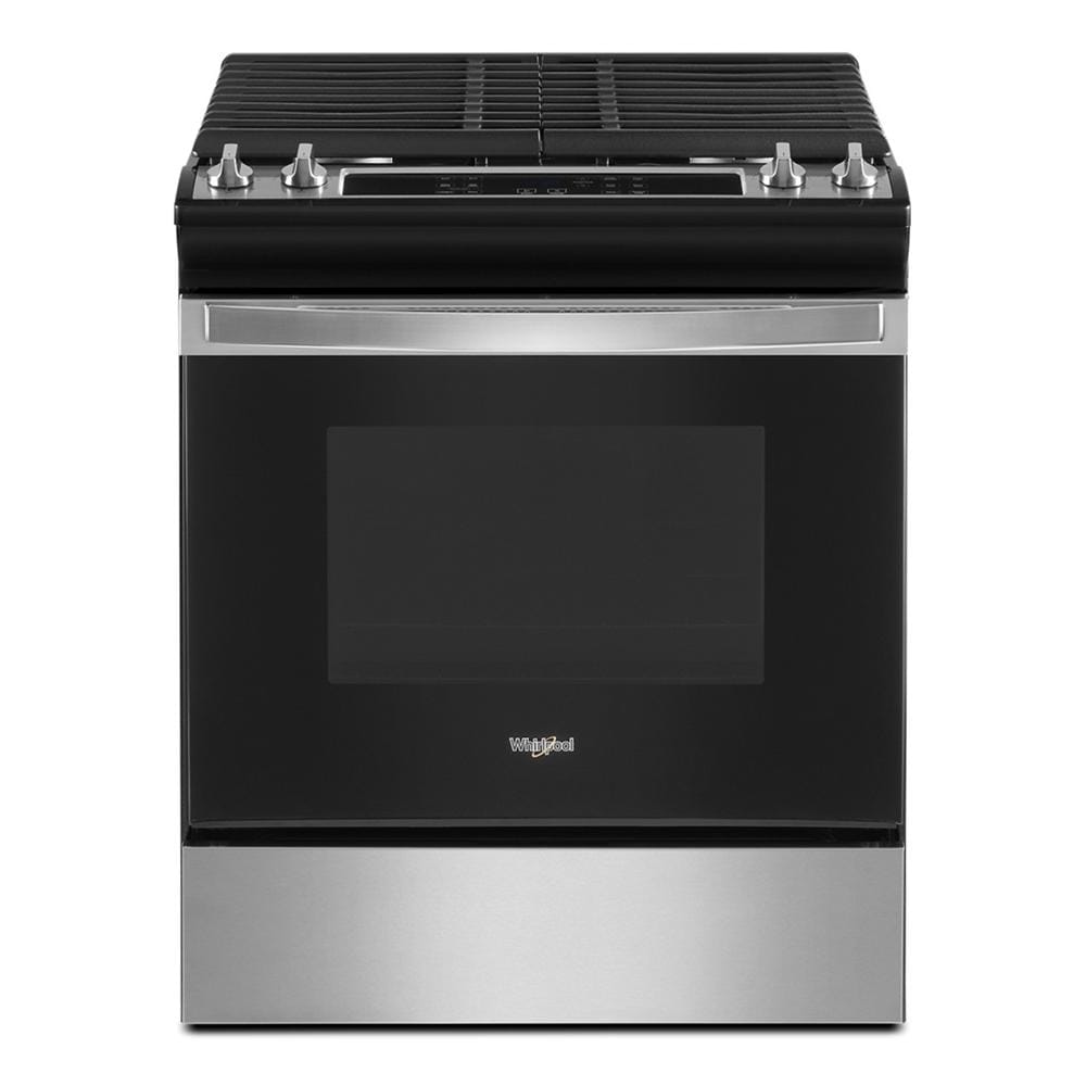 Black and stainless steel gas range with four burners and digital control panel in Ranges & Cooktops at Hartville Hardware