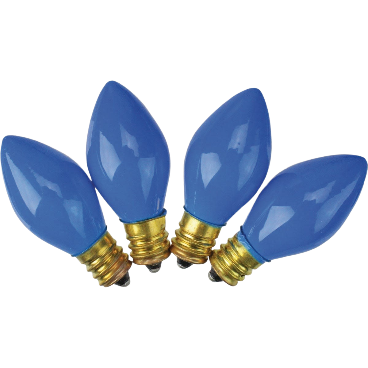 Four blue replacement light bulbs with brass screw bases for home improvement and tool use