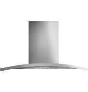 Wall-mount chimney hood in stainless steel with curved glass visor, part of range hoods in kitchenware appliances.