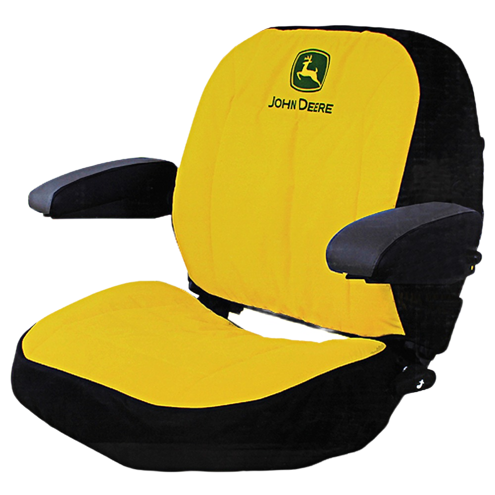Yellow and black protective deluxe riding mower seat cover with John Deere logo, designed for tool and automotive accessories.