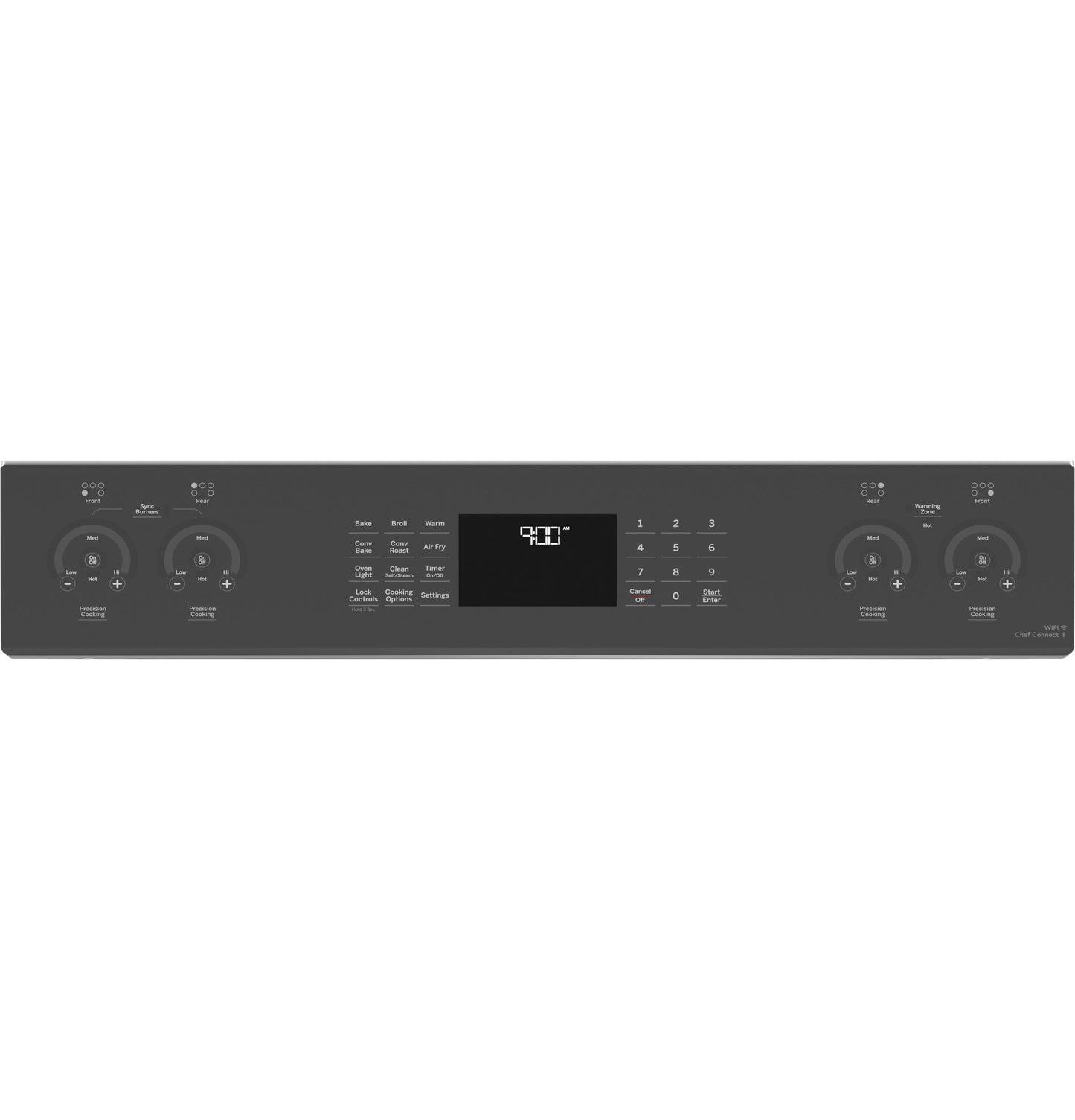 Black front-control panel with digital display and dial controls for induction and convection range in kitchen appliances collection