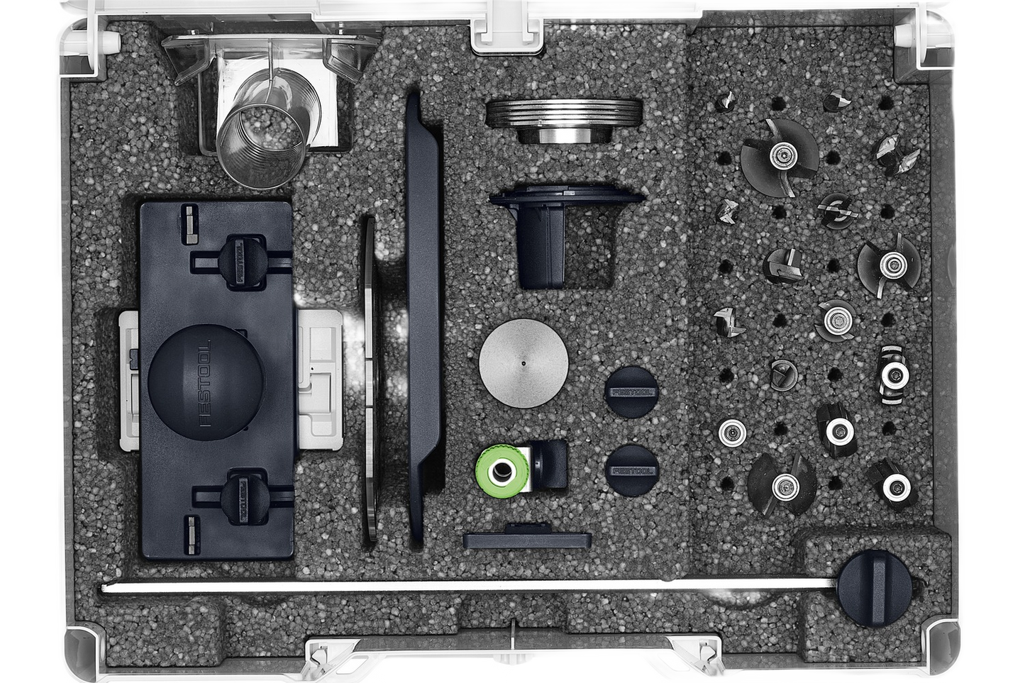 Organizer case with Festool router accessories and precision components for woodworking tools and home improvement projects