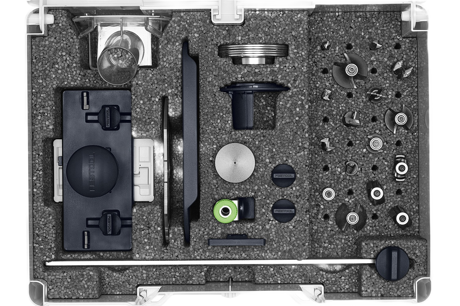 Organizer case with Festool router accessories and precision components for woodworking tools and home improvement projects