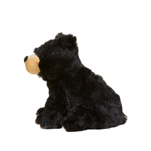 Microwavable plush black bear with soft tan snout designed for warmth and comfort in children's toys