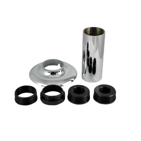 Chrome-plated universal tub and shower flange set with multiple black threaded adapters for plumbing installation