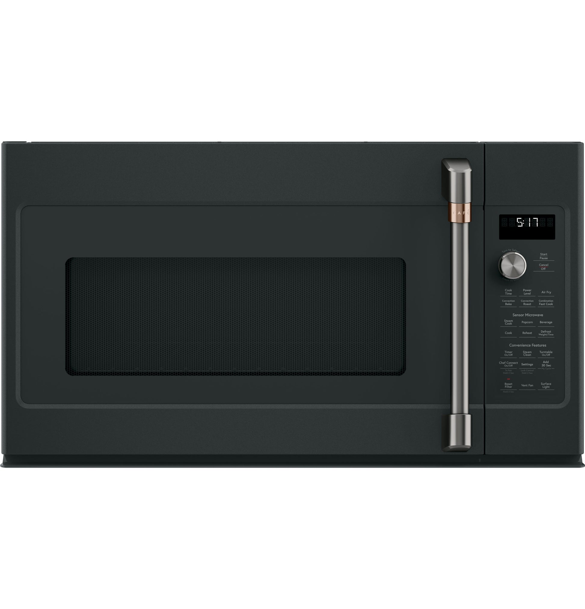 Black convection over-the-range microwave oven with stainless steel handle and digital control panel in kitchen appliances