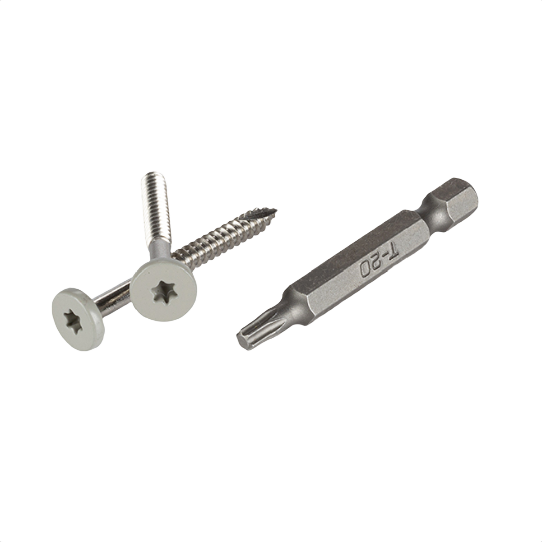 Two silver screws with star-shaped heads next to a gray Torx screwdriver bit for home improvement tools use
