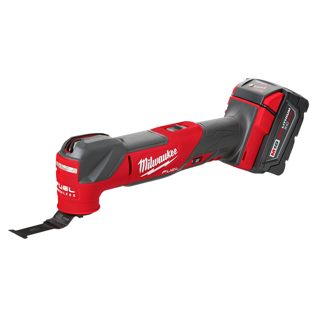 Cordless red and black oscillating multi-tool with ergonomic grip and detachable battery for home improvement tasks