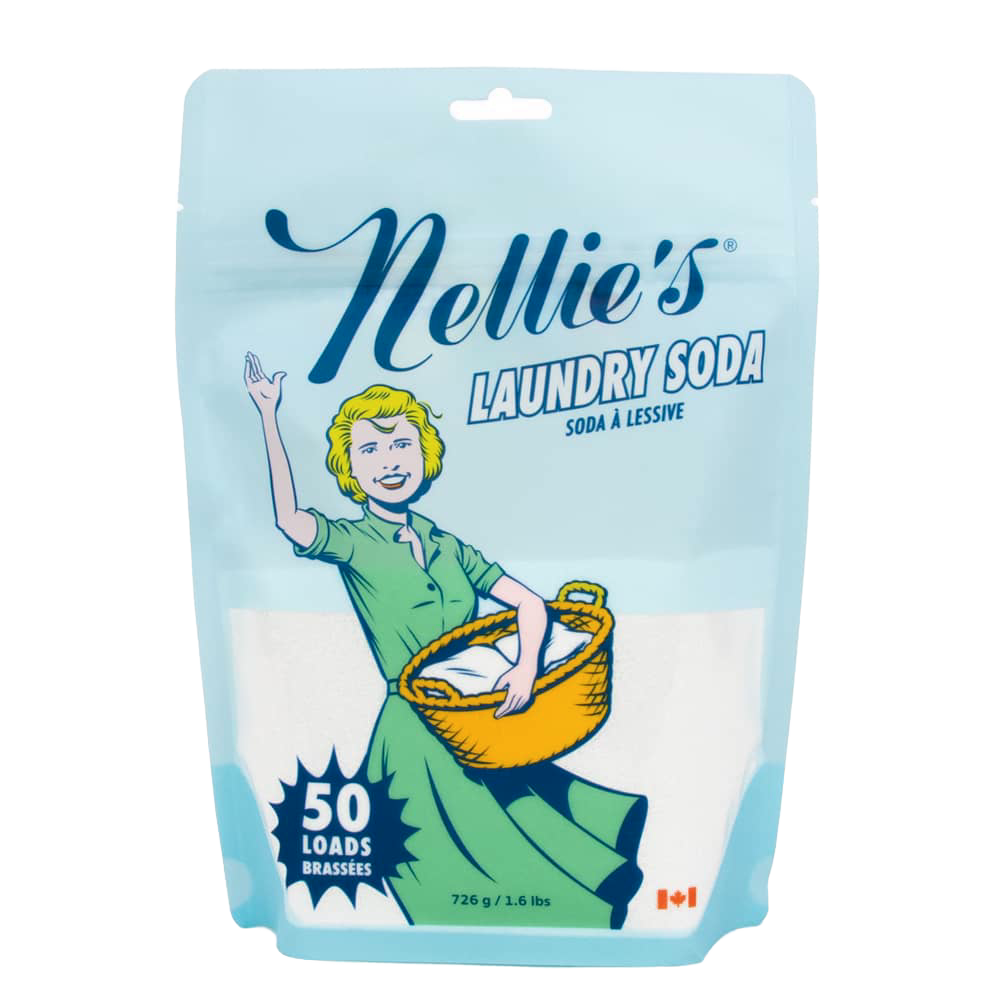 Light blue pouch of laundry soda with vintage woman illustration and basket, labeled for 50 loads in cleaning supplies collection