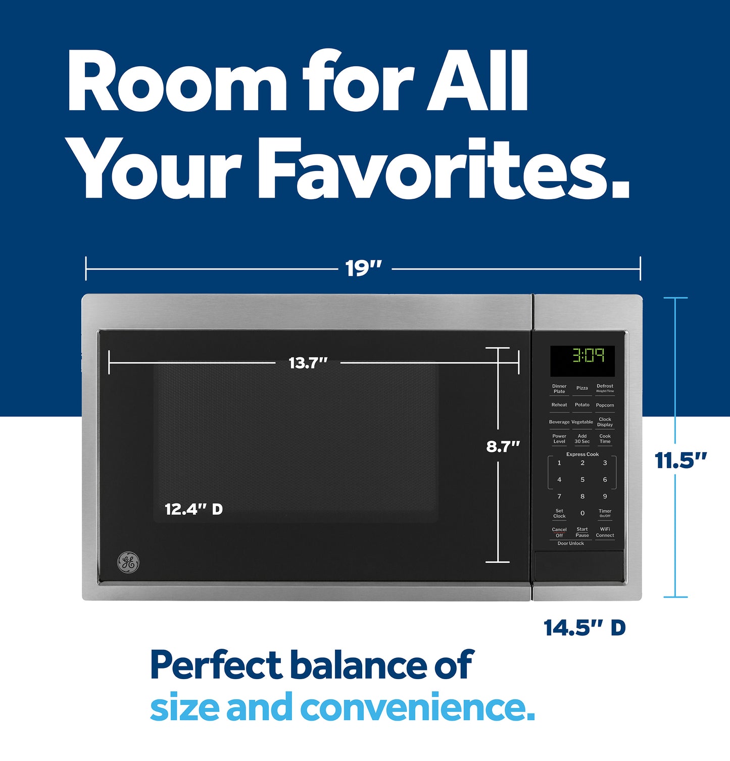 Stainless steel countertop microwave with digital display and keypad highlighting compact size and dimensions