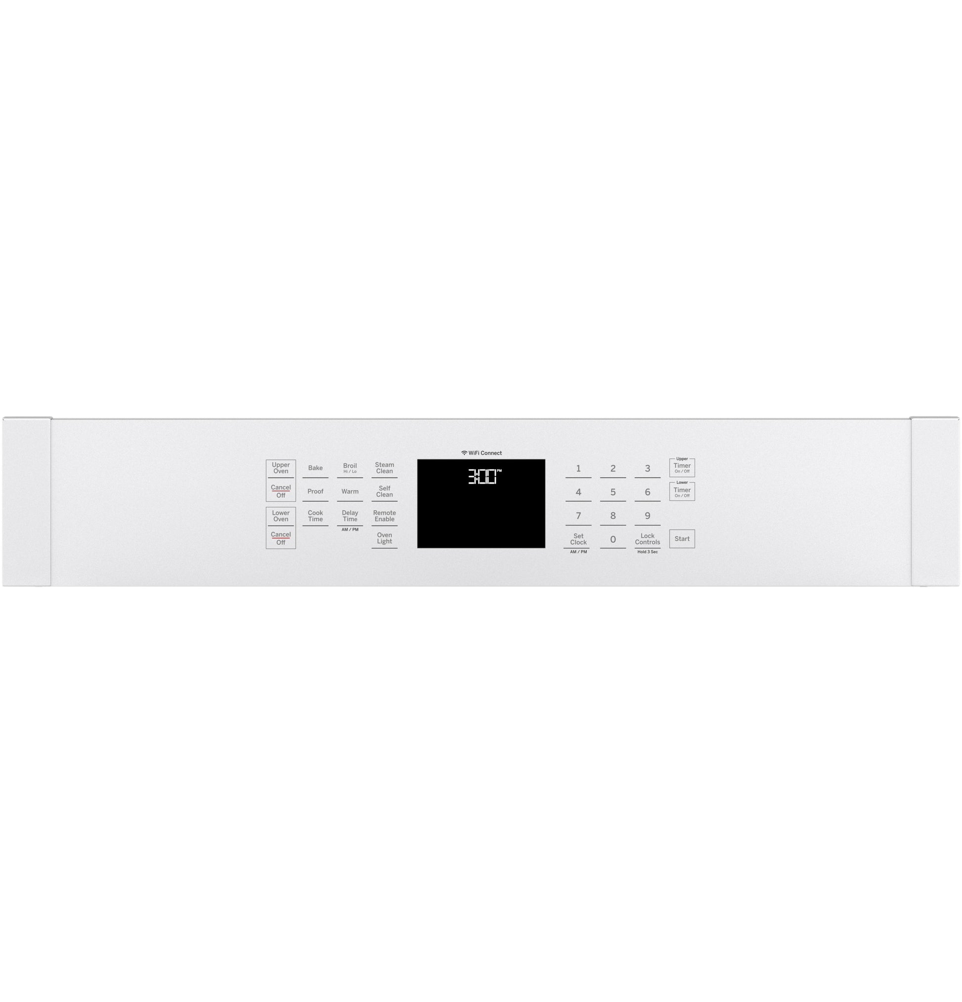 White control panel with digital display and touch buttons for smart double wall oven in kitchen appliances collection