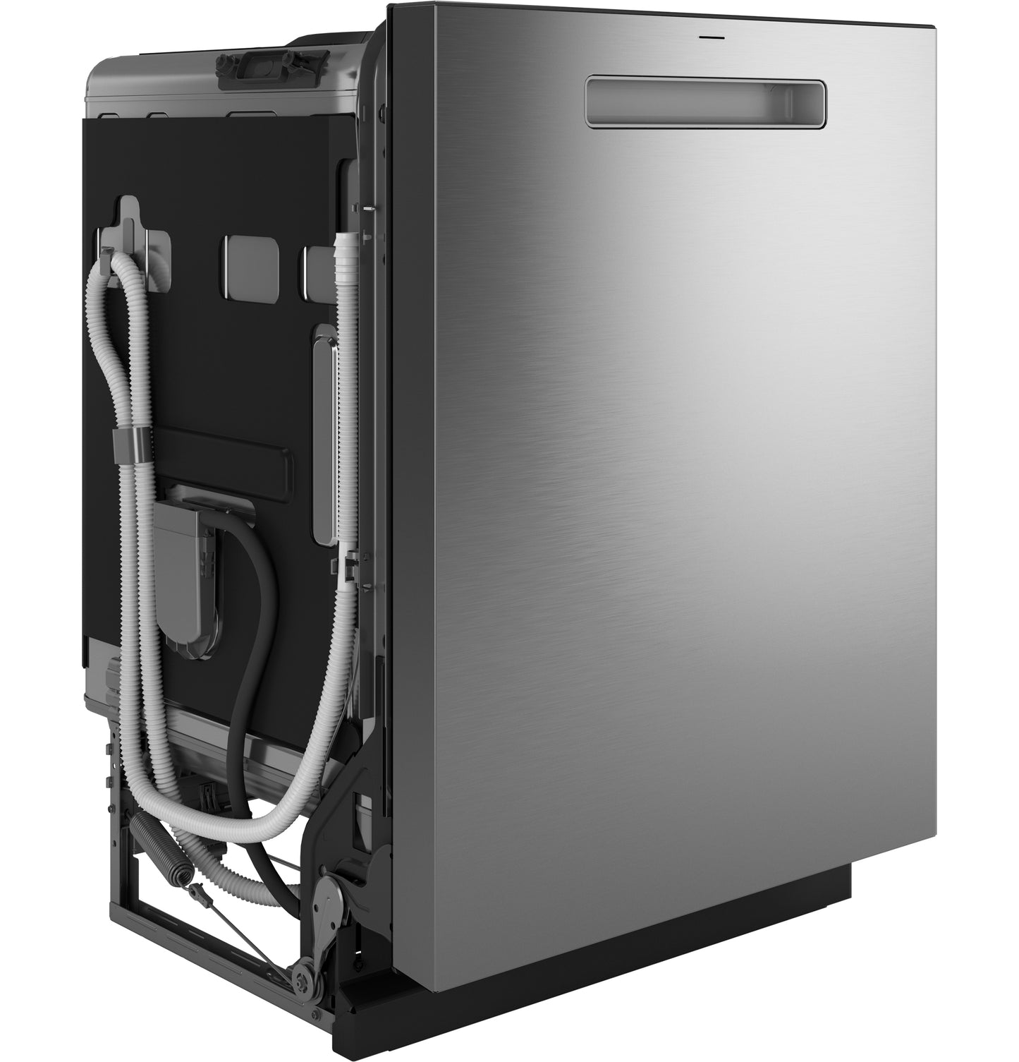 Fingerprint resistant stainless steel dishwasher with top control panel, visible hoses, and integrated kitchen appliance design