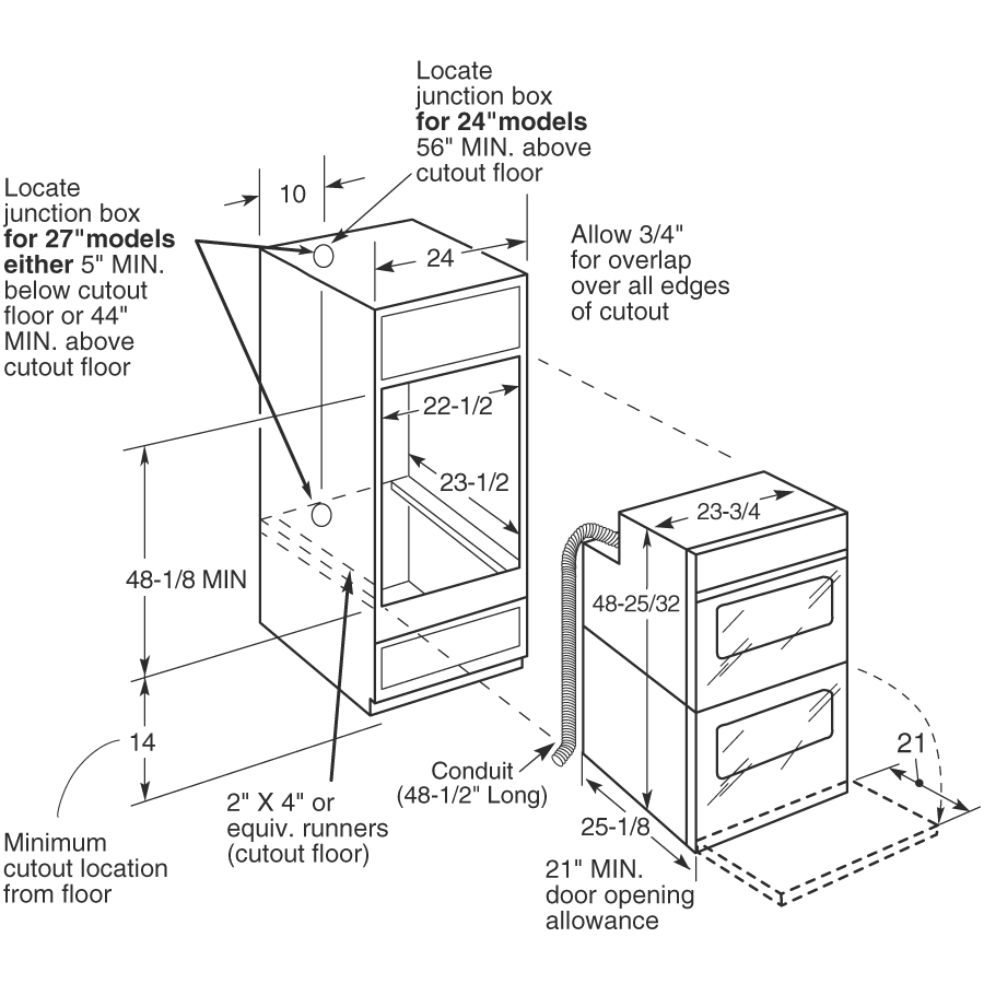 Technical line drawing showing installation dimensions and clearances for GE 24-inch double wall oven in kitchen appliances collection