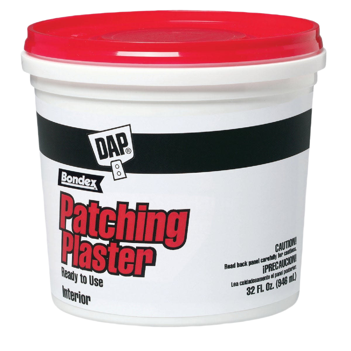 White container of ready-to-use patching plaster with red lid for interior home improvement and repair projects