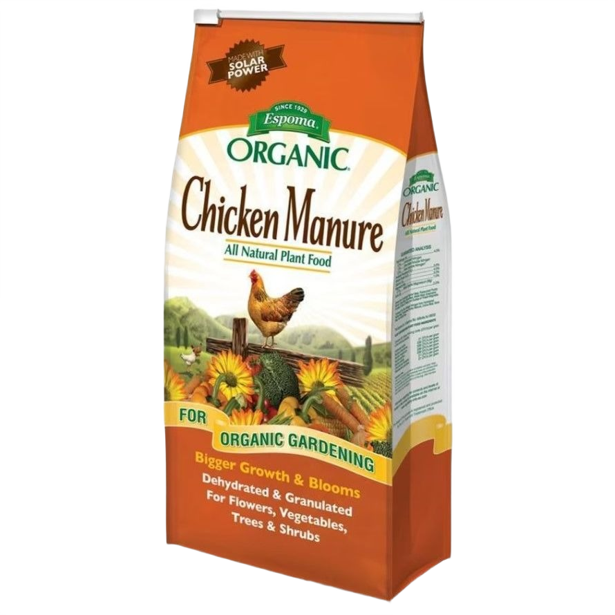 Orange bag of Espoma organic chicken manure plant food for gardening and lawn care collections