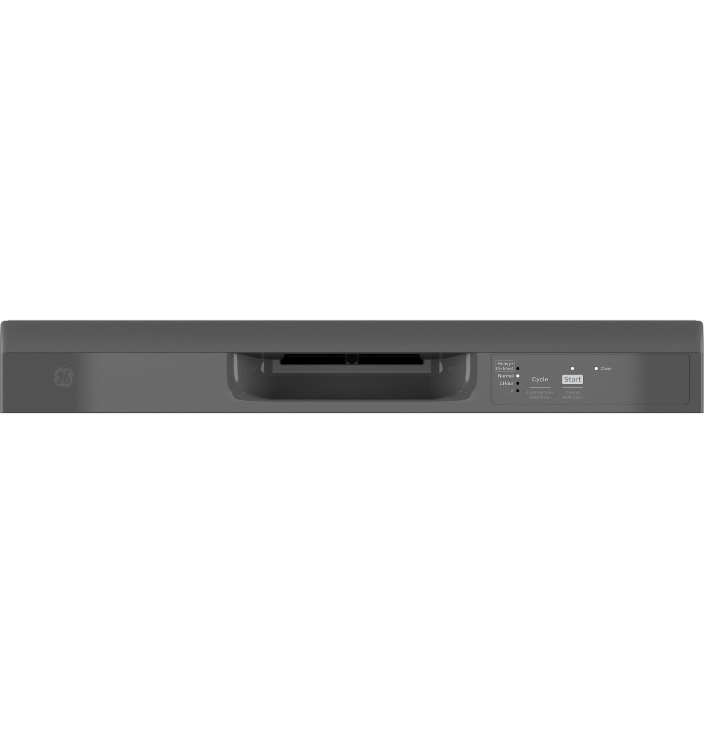 Dark gray dishwasher front control panel with handle and illuminated start button in Dishwashers and Kitchen appliances collection