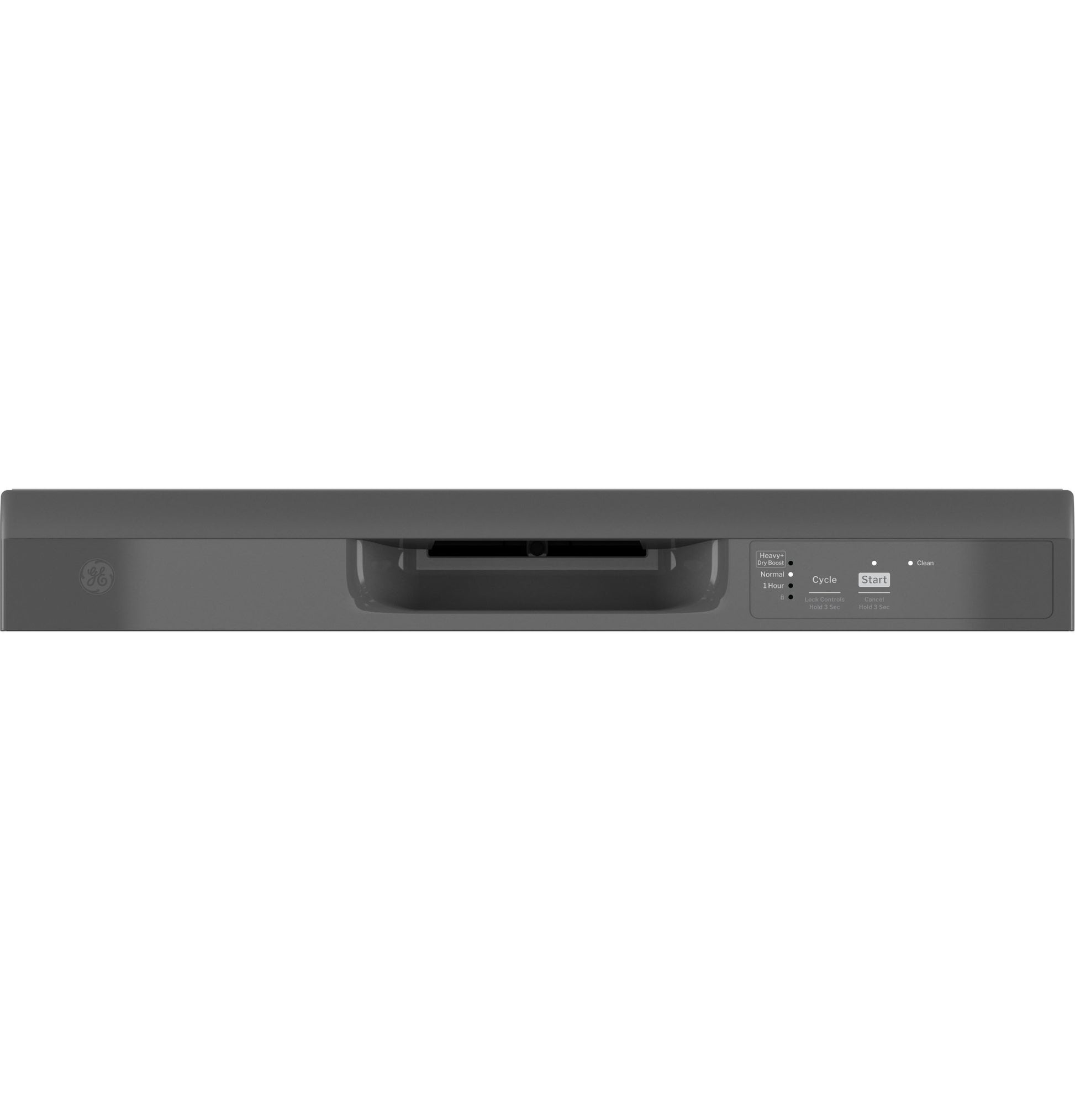 Dark gray dishwasher front control panel with handle and illuminated start button in Dishwashers and Kitchen appliances collection