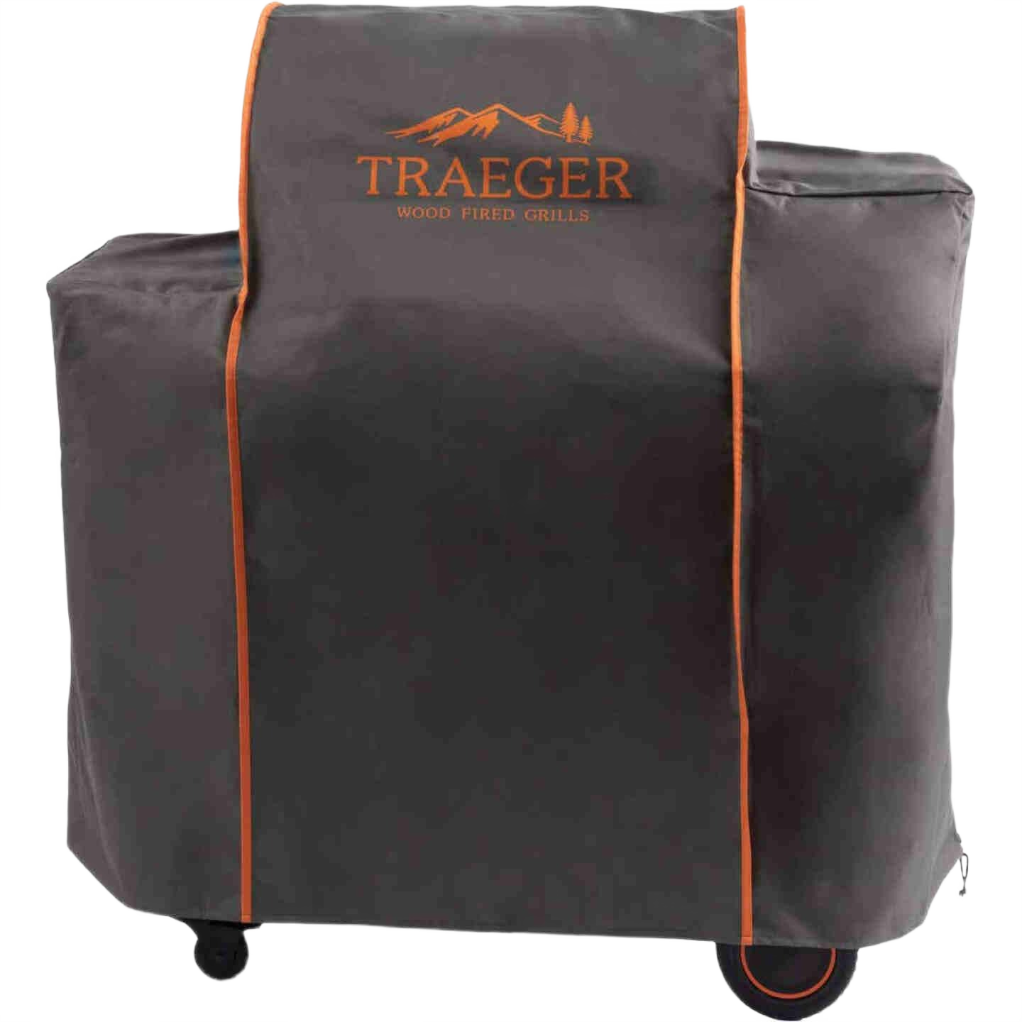 Heavy-duty Traeger grill cover with orange accents designed for full protection in outdoor living and grilling accessories collections