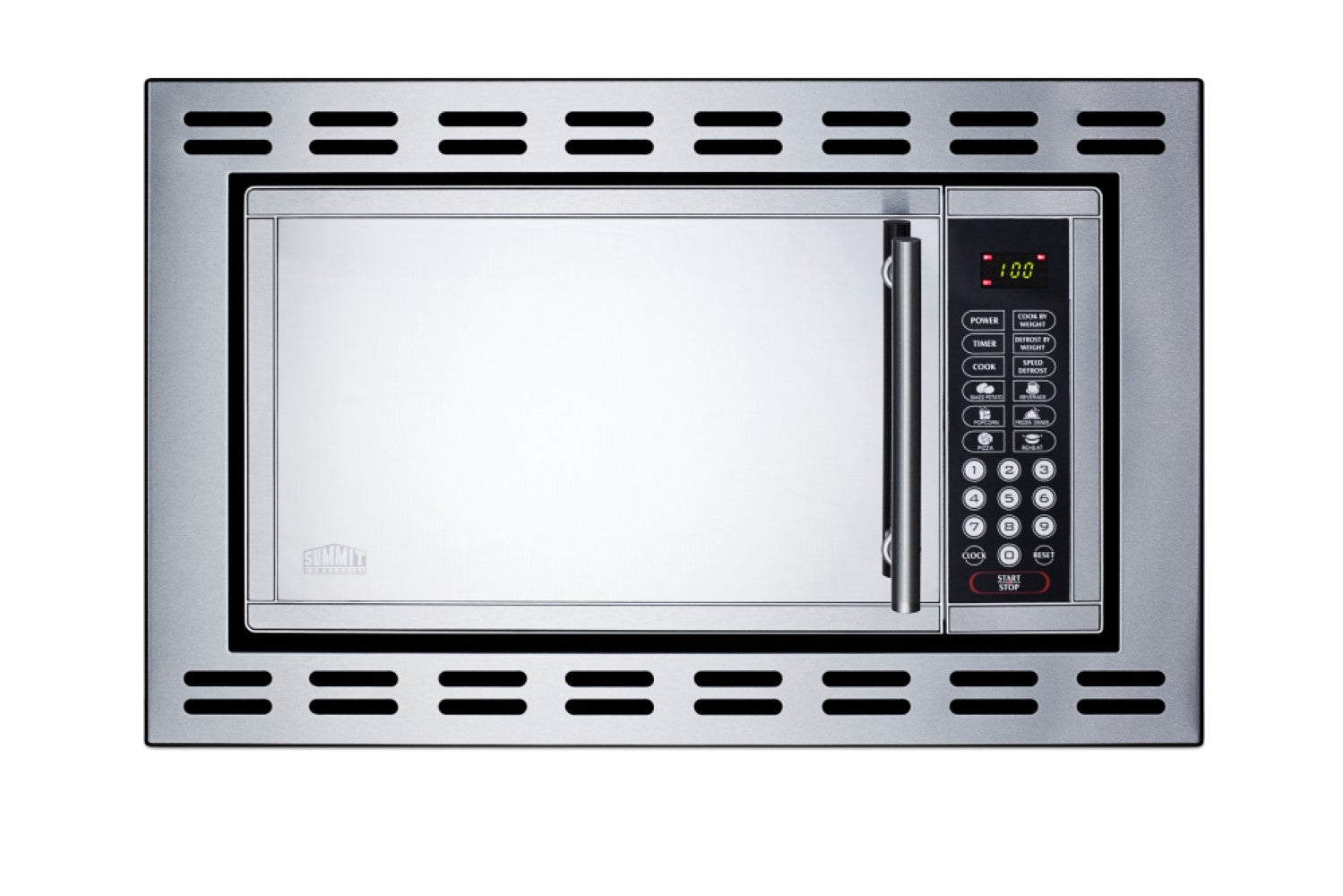Front view of stainless steel built-in microwave with digital touchpad control and vented design in kitchen appliances collection