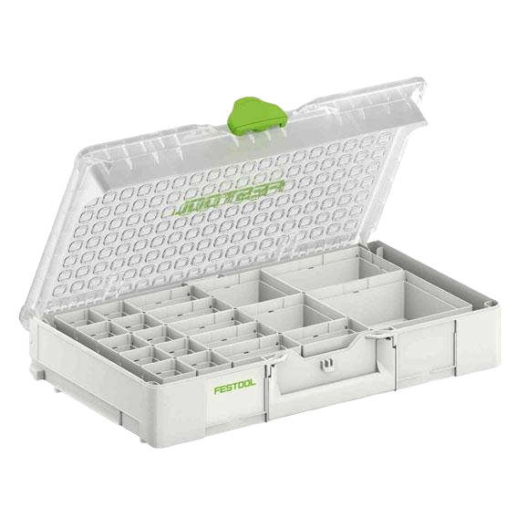 White plastic storage organizer with adjustable compartments and clear lid for woodworking tool storage and workshop organization