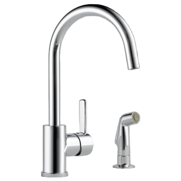 Sleek chrome single-handle kitchen faucet with high arc spout and side sprayer, ideal for modern kitchen sink setups