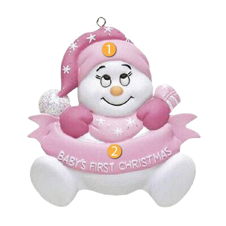 Pink snowbaby ornament wearing mittens and hat with snowy details from Christmas Ornaments collection