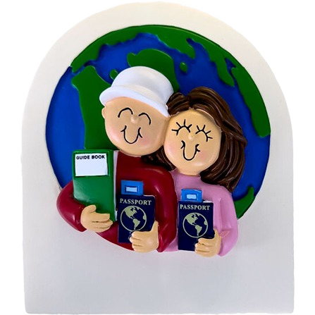 Personalized brunette couple holding passports and guidebook in front of globe for Christmas ornaments under $50 collection