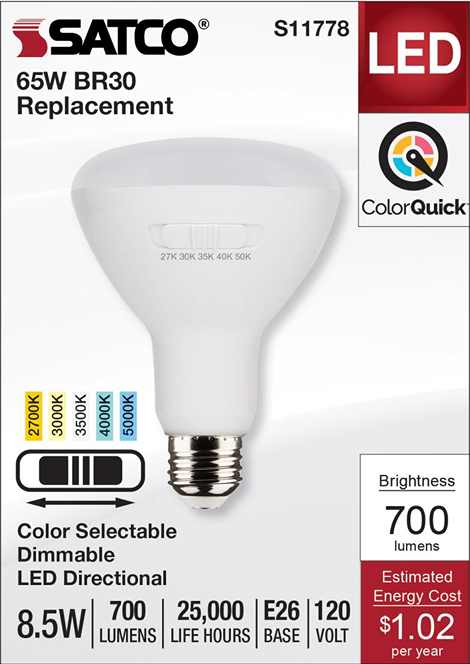 White BR30 LED bulb with medium base, adjustable color temperature, dimmable, 700 lumens for home lighting projects