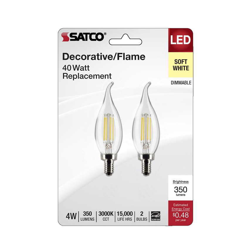 Two clear flame-shaped LED bulbs with silver bases in packaging for LED Light Bulbs under $50 collection