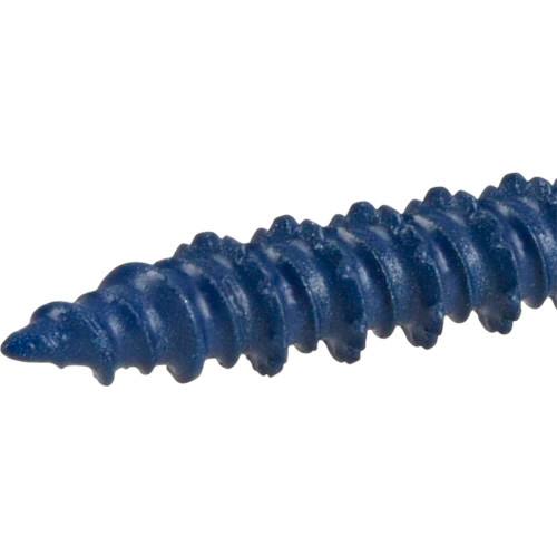 Close-up of blue power pro hex washer-head concrete screw used for fastening in hardware and home improvement projects