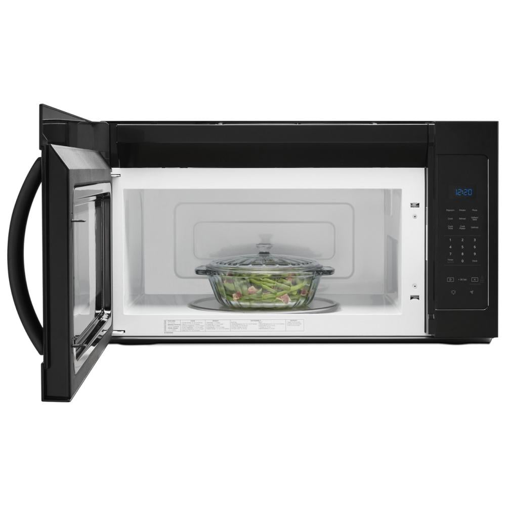 Black microwave with electronic touch controls and open door showing glass dish inside in Microwaves at Hartville Hardware