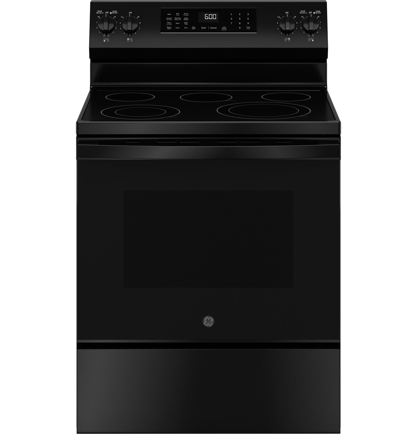 Black free-standing electric range with smooth cooktop, digital display, and control knobs for kitchen appliance collections