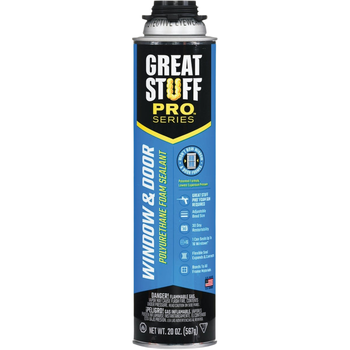 Tall can of Great Stuff Pro Series polyurethane foam sealant for windows and doors in blue and black design