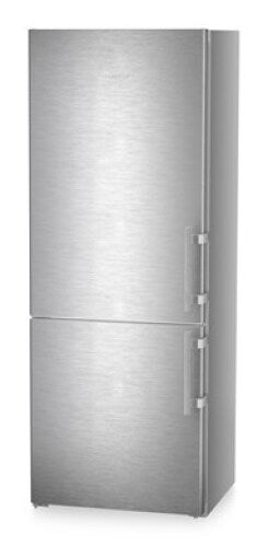 Freestanding stainless steel refrigerator freezer with bottom freezer and ergonomic vertical handles in appliances collection