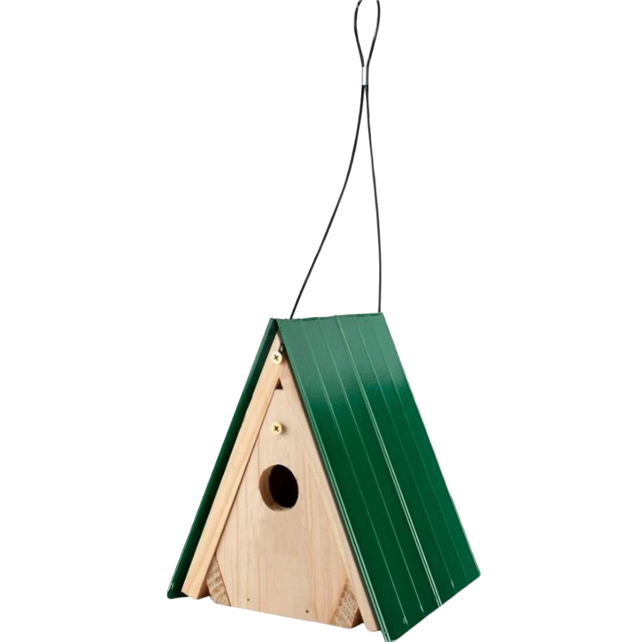 Wooden birdhouse with green slanted roof and front circular entrance hole for outdoor bird nesting use