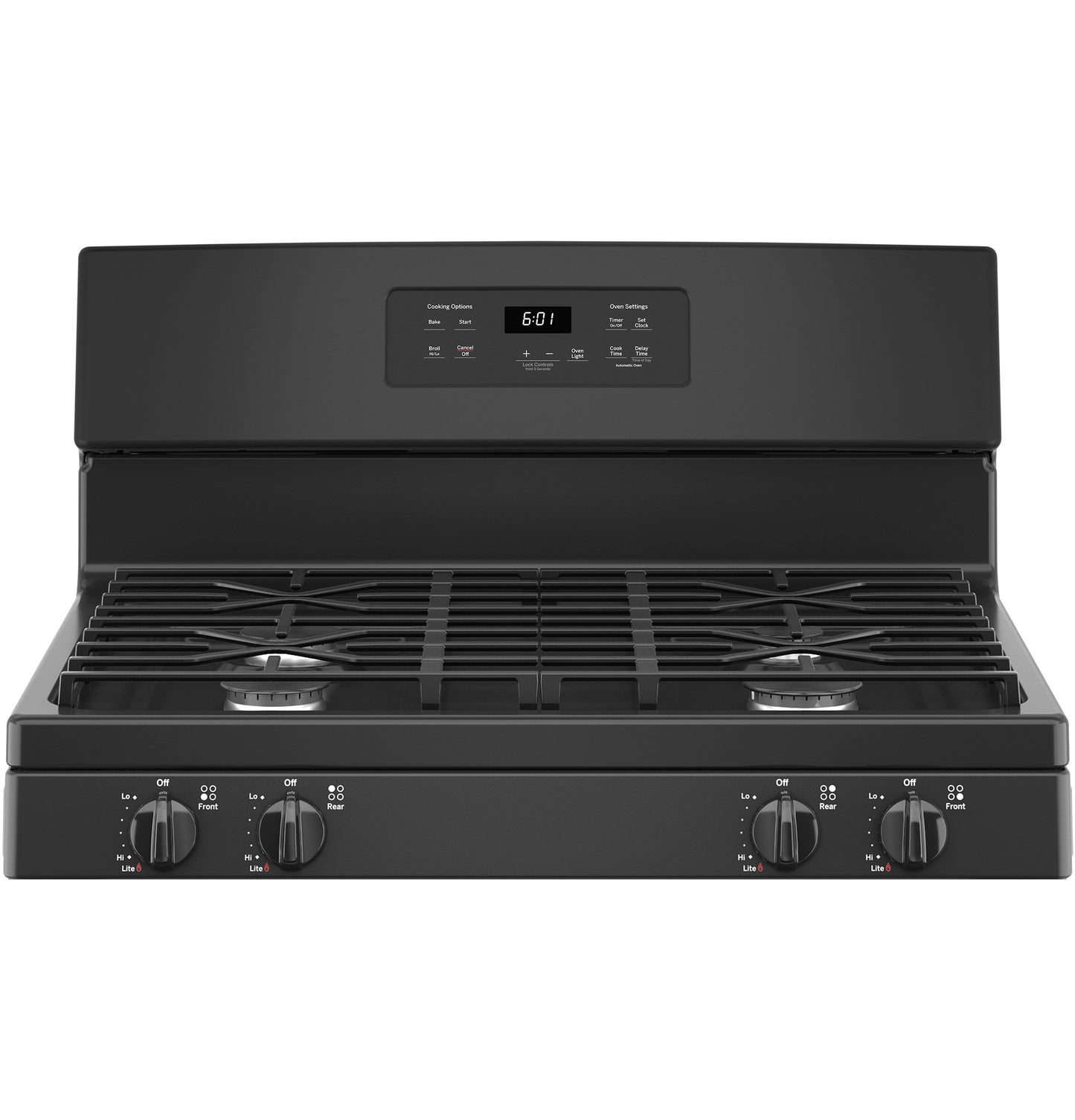 Black free-standing gas range with five burners and digital control panel, perfect for kitchen and home improvement tasks