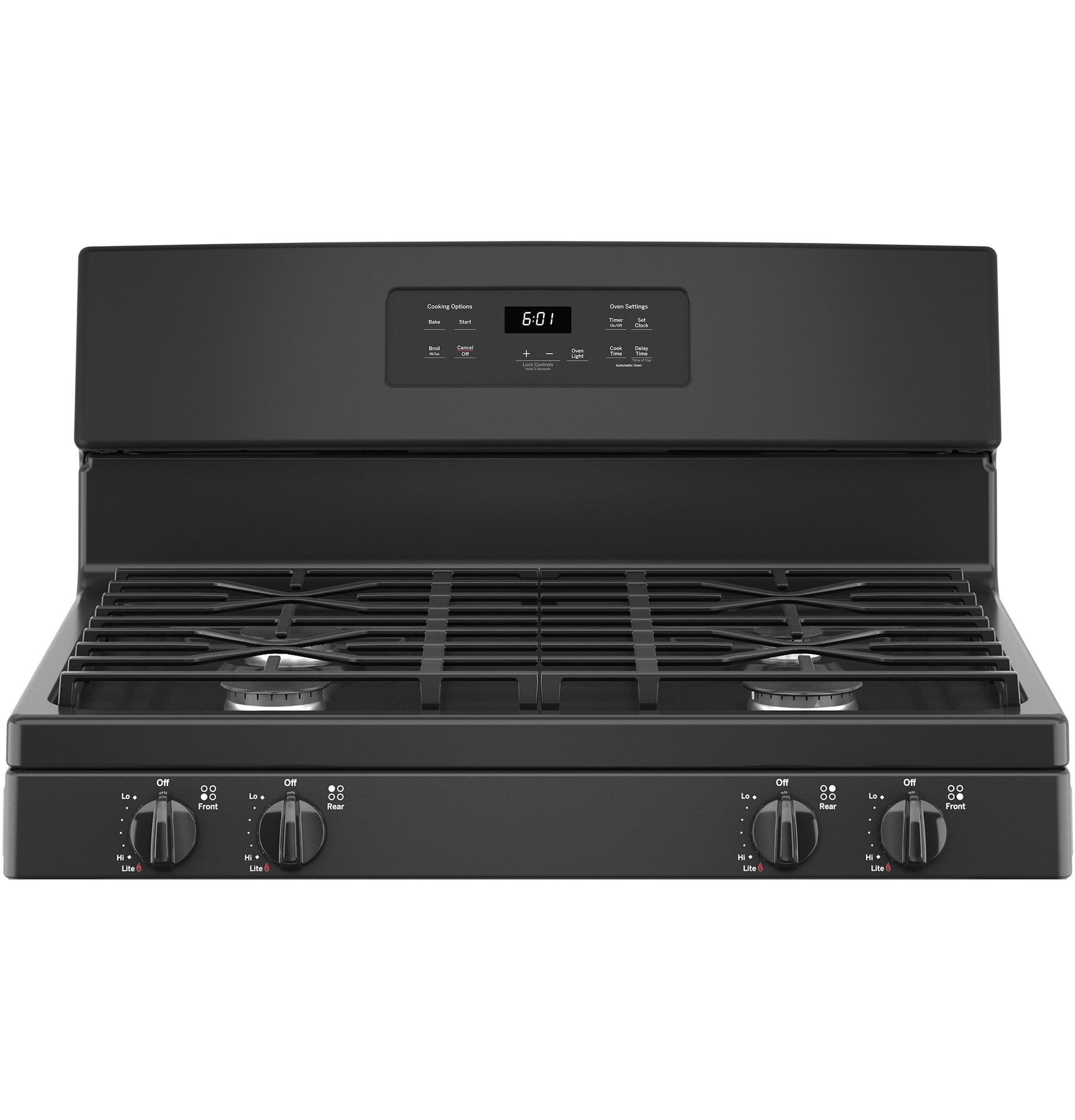 Black free-standing gas range with five burners and digital control panel, perfect for kitchen and home improvement tasks