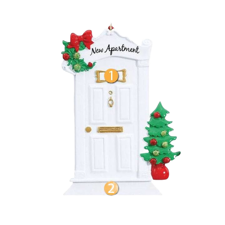 White door ornament with green Christmas tree and holly wreath celebrating new apartment in holiday decorations under $50 collection