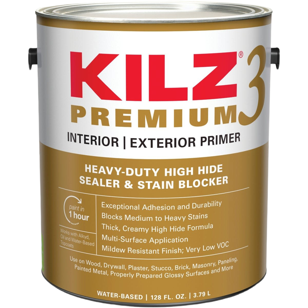 Gallon container of KILZ Premium water-based primer for indoor and outdoor use in home improvement projects