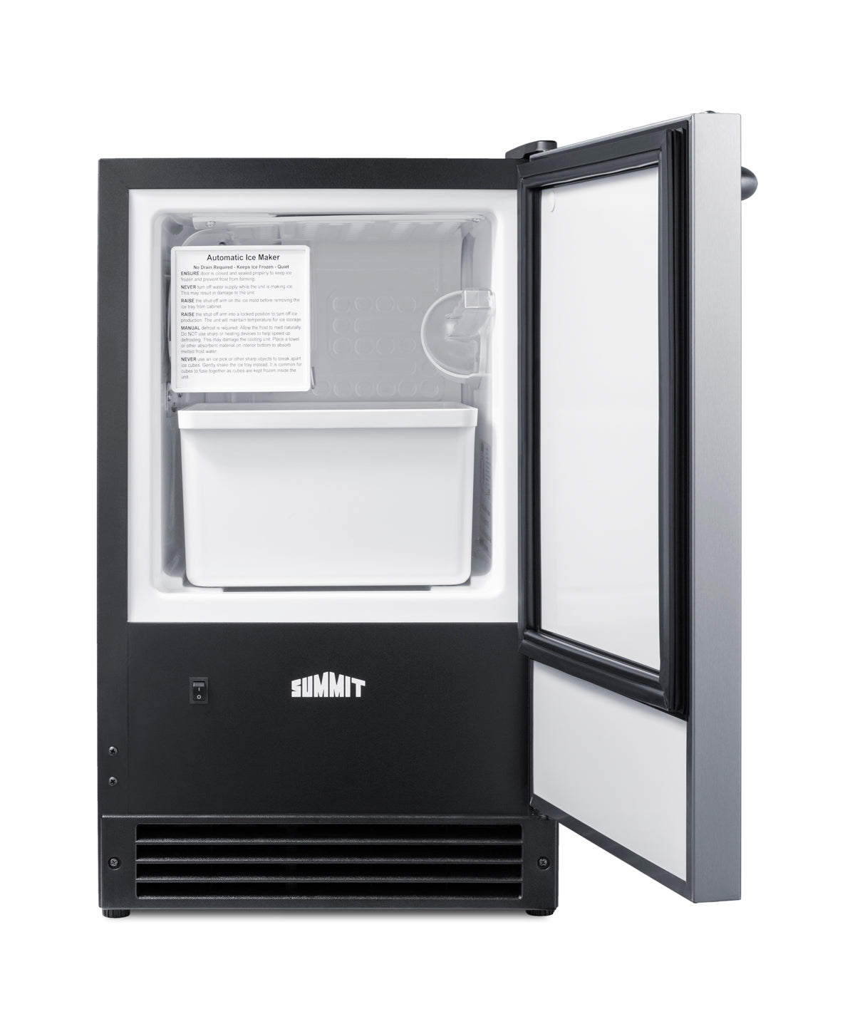 Compact black built-in icemaker with open door revealing ice compartment and front ventilation grille, in kitchen appliances collection